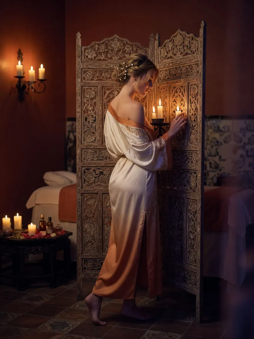 Silk robe and balcony light, the setting of erotic massage Madrid