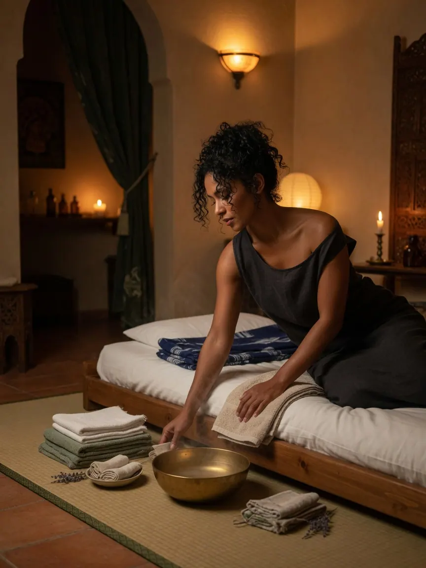 A quiet corner prepared for erotic massage Madrid, towels and a brass bowl