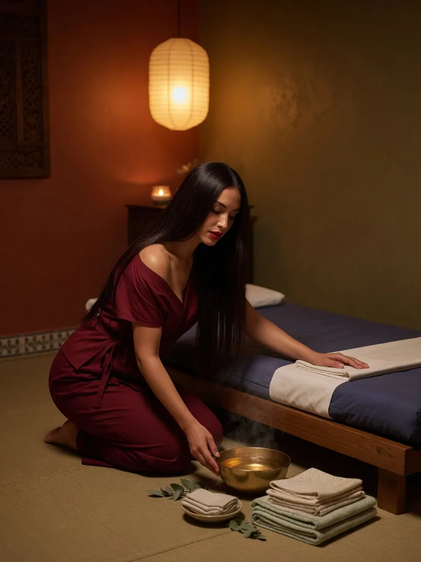 A quiet corner prepared for lingam massage Madrid, towels and a brass bowl